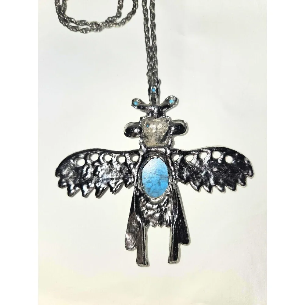 Southwest Style Thunderbird Pendant Necklace Turquoise Color Accents Silver Tone